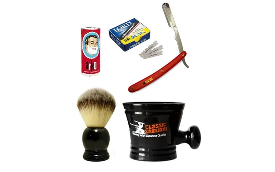 Men S Shaving Set With Red Barber Straight Razor 100 Lord Blades Brush Arko Soap & Porcelain Mug