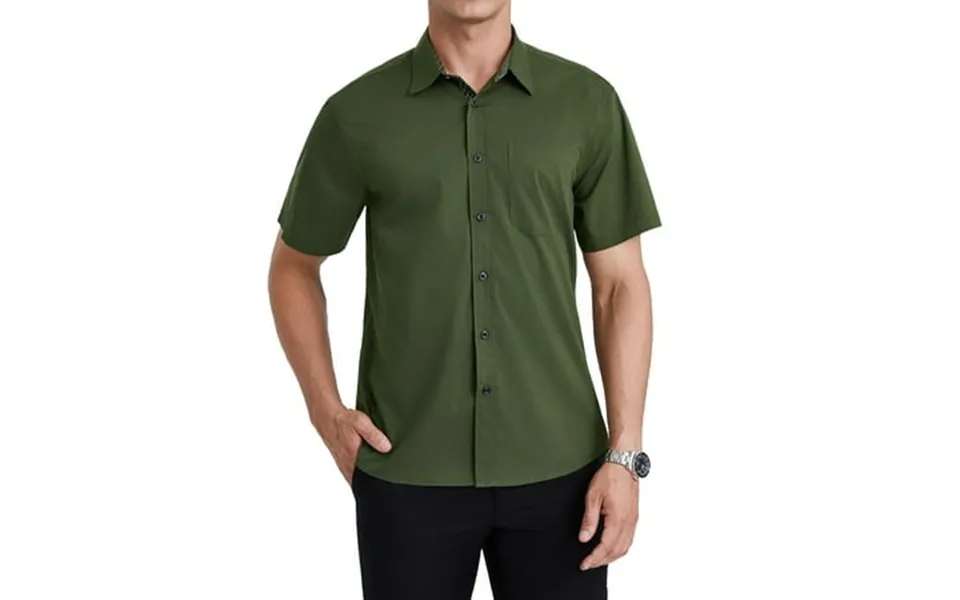 Mens Button Down Shirt Short Sleeve Dress Shirts Inner Contrast Business Pocket Shirt Green