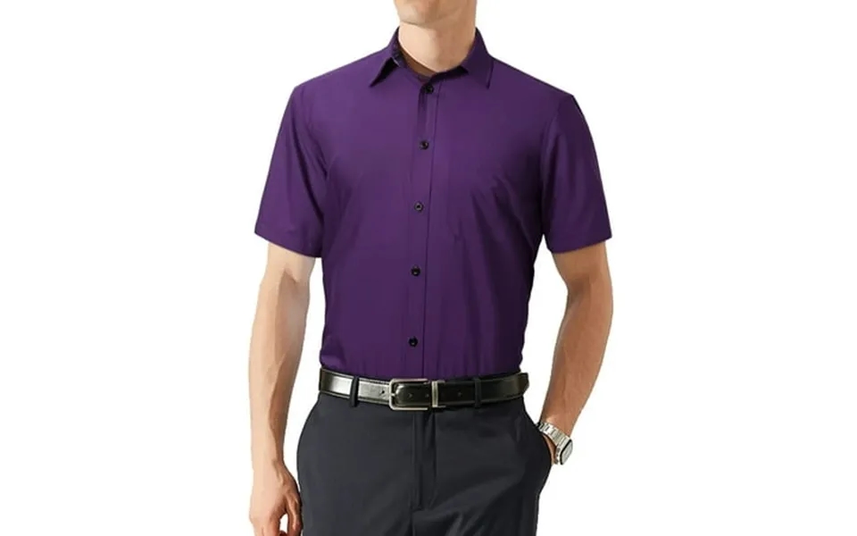 Mens Button Down Short Sleeve Shirts Formal Dress Shirts Business Pocket Casual Shirt Purple