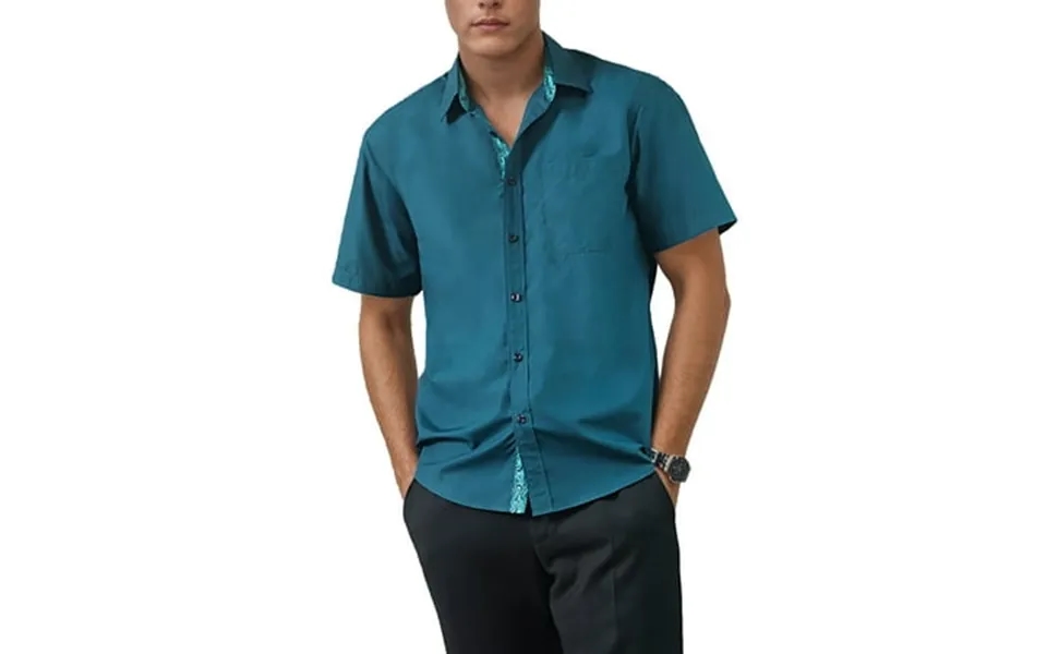 Mens Dress Shirts Short Sleeve Button Down Shirt Inner Contrast Formal Shirt Teal 2xl