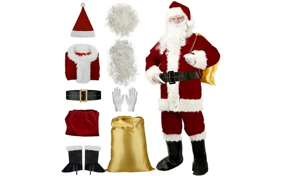 Men’s Santa Costume 10pcs Christmas Santa Claus Suit Deluxe Velvet Cosplay Party Suit Set For Adults