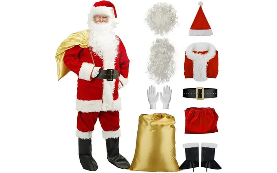 Men’s Santa Costume 10pcs Christmas Santa Claus Suit Deluxe Velvet Cosplay Party Suit Set For Adults