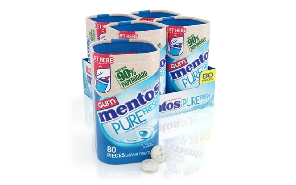 Mentos Pure Fresh Chewing Gum Sugar-free Xylitol Fresh Mint 80 Piece Bottle Recyclable 90% Paperboard Bottle 80 Count Pa