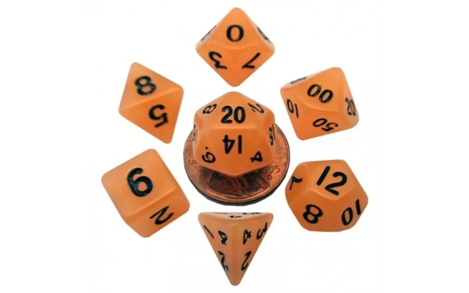 Metallic Dice Games Lic4304 10 Mm Metallic Mini Dice Glow Orange With Black Numbers - Set Of 7