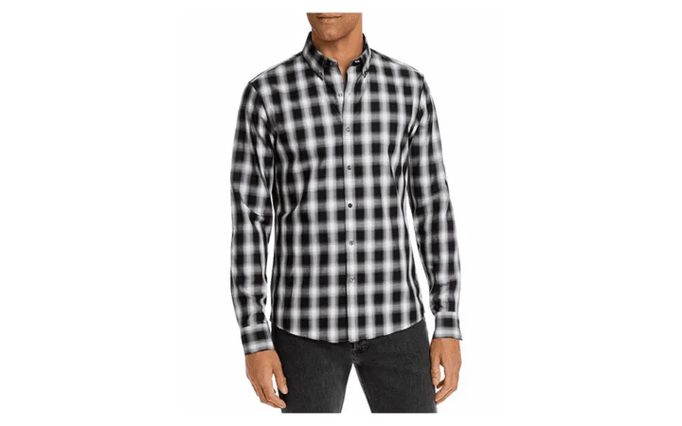 Michael Kors Men Ombre Plaid Slim Fit Long Sleeve Button-down Shirt Black L