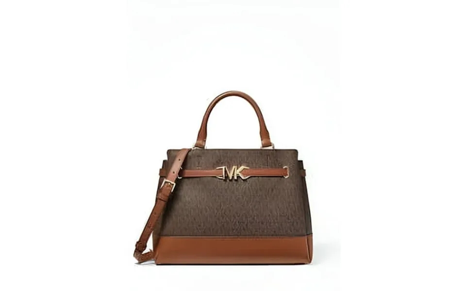 Michael Kors Reed Large Belted Satchel Bag Purse Brown Mk Signature