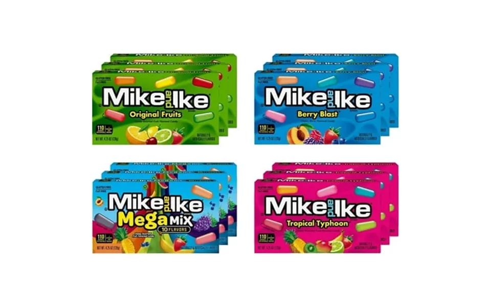 Mike Ike Chewy Candy Theater Box Variety Pack 4 Flavors Original Mega Tropical Berry 3 Boxes Each Flavor 12 Boxes Total