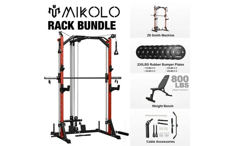 Mikolo Compact 7-in-1 Smith Machine With Weight Bench 1000lbs Multi-functional Squat Rack With 210lbs Weight Plates Work