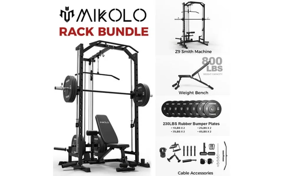 Mikolo Multi-functional Smith Machine Home Gym With 800 Lbs Weight Bench And 230 Lbs Weight Plates Weight Bar 360 Landmi