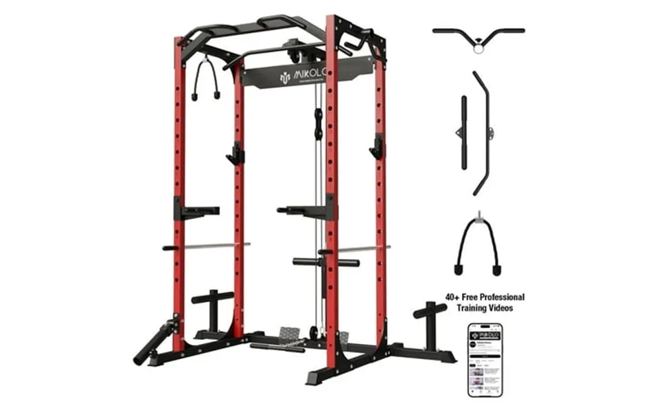 Mikolo Multi-functional Squat Rack With Lat Pulldown System Exercise Power Cages Metal Red