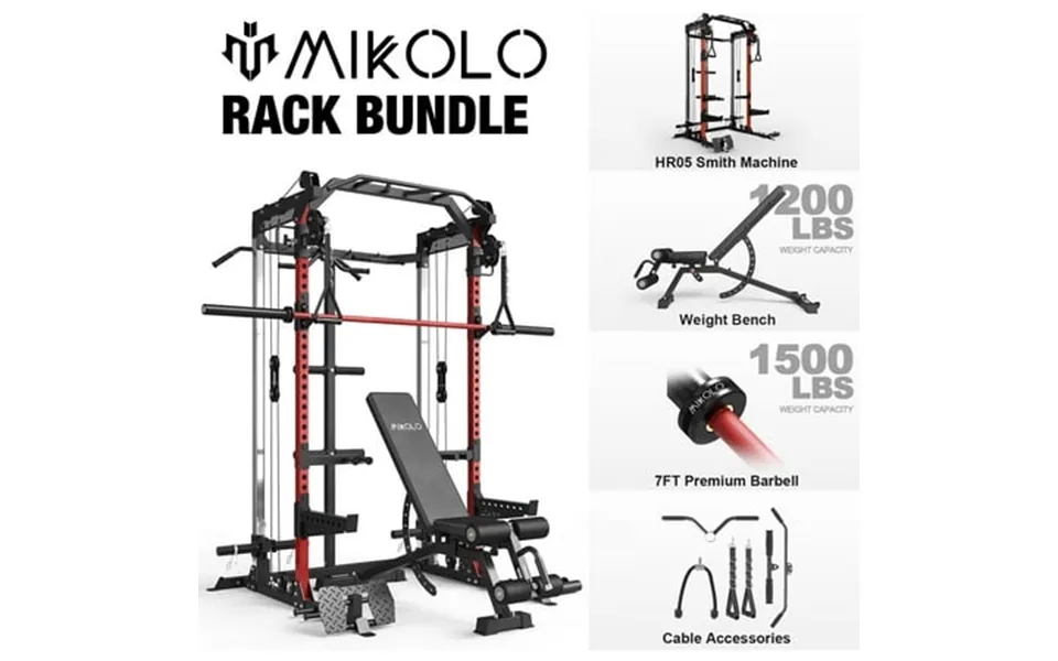 Mikolo Power Cage Squat Rack With Dual Pulley Cable Crossover System Multifunction Free Weight Home Gym Workout Machine