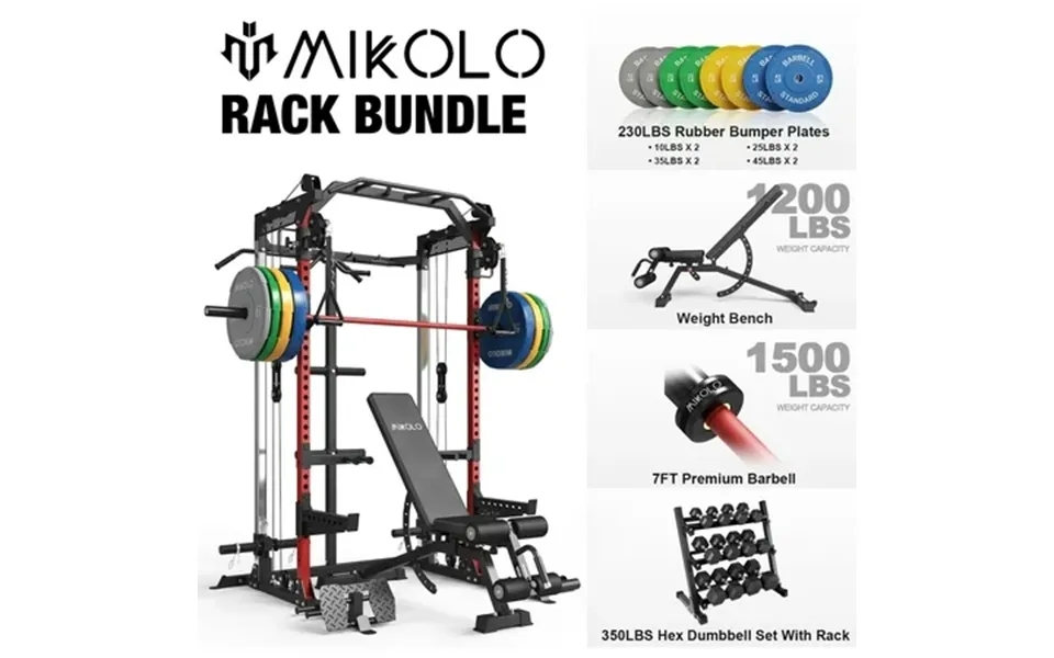 Mikolo Power Cage Squat Rack With Dual Pulley Cable Crossover System Multifunction Free Weight Home Gym Workout Machine