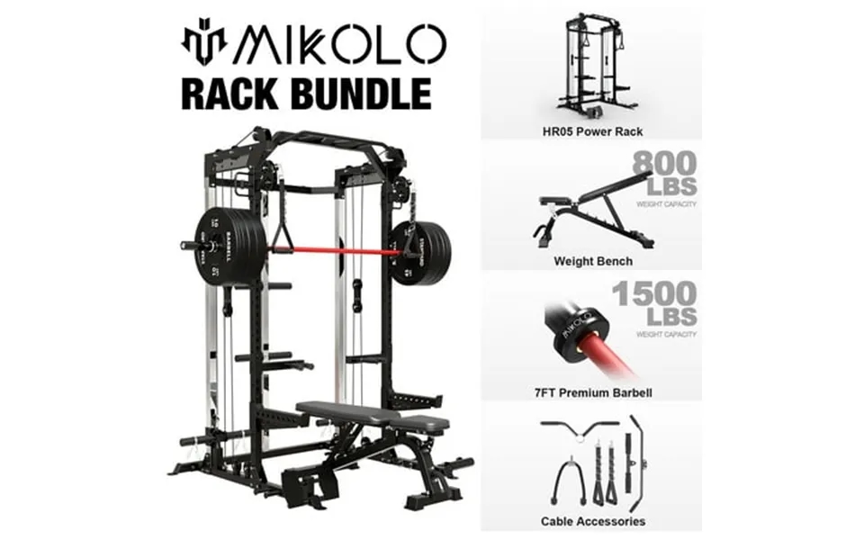 Mikolo Power Cage Squat Rack With Dual Pulley Cable Crossover System Multifunction Free Weight Home Gym Workout Machine