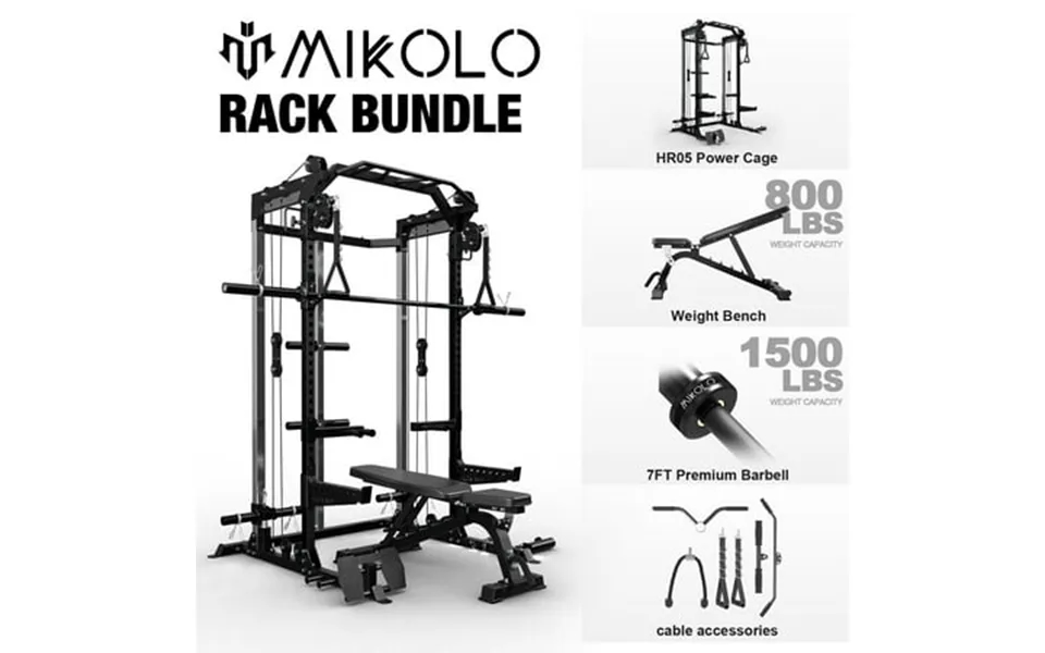 Mikolo Power Cage Squat Rack With Dual Pulley Cable Crossover System Multifunction Free Weight Home Gym Workout Machine