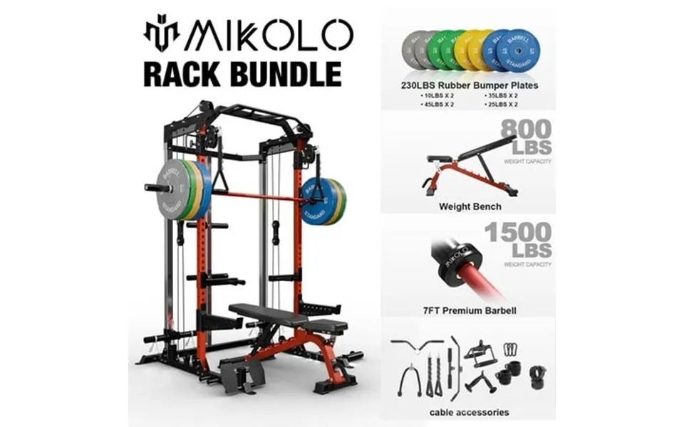 Mikolo Power Cage Squat Rack With Dual Pulley Cable Crossover System Multifunction Free Weight Home Gym Workout Machine