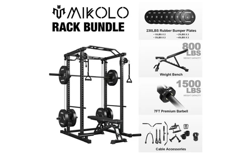 Mikolo Power Cage Squat Rack With Weight Bench Premium Barbell Bar And 230lbs Weight Plates Multi-function Free Weight M