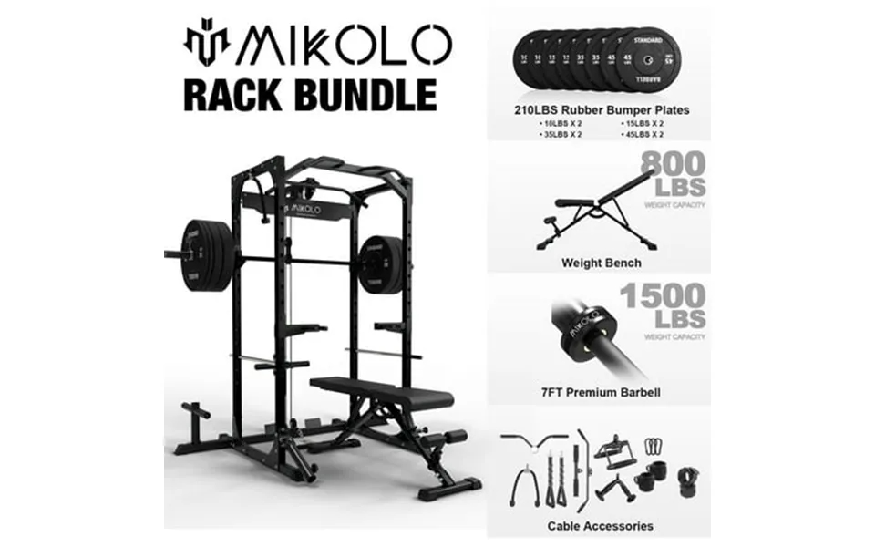 Mikolo Power Rack Cage 1200lbs Weight Cage With 800lb Capacity Adjustable Weight Bench 1500lb Capacity Barbell And 230lb