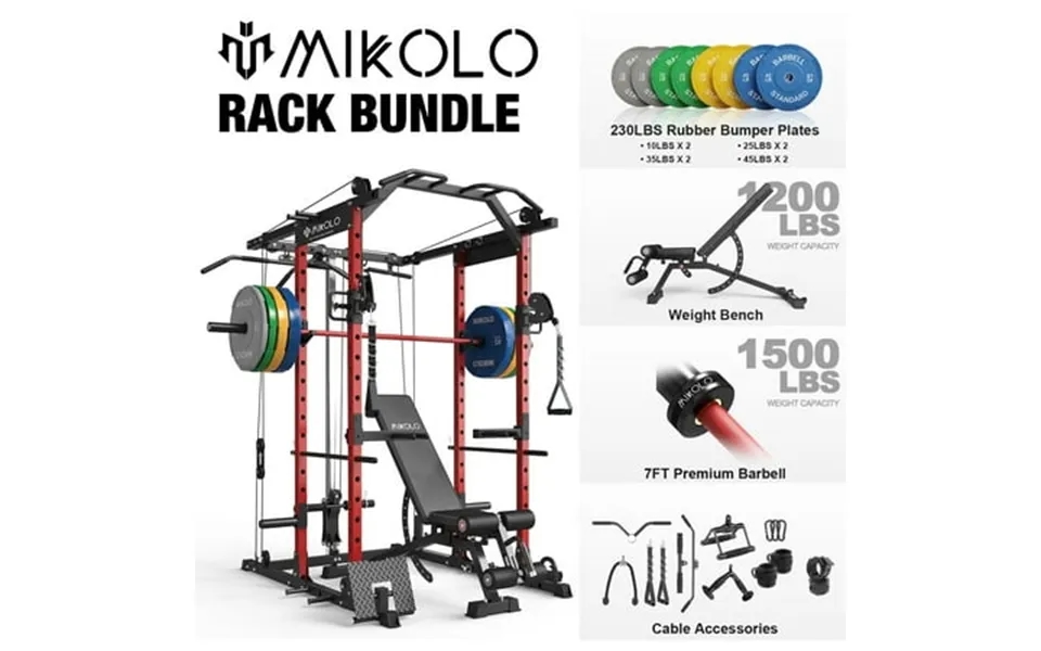 Mikolo Power Rack Cage Weight Cage With 800lb Capacity Adjustable Weight Bench 1500lb Capacity Barbell And 230lb Weight