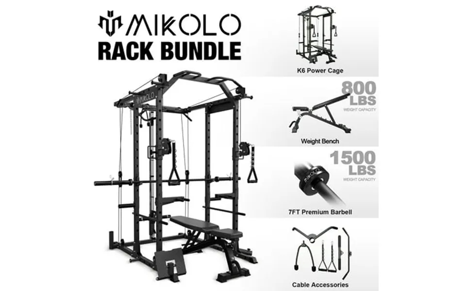 Mikolo Power Rack Cage Weight Cage With 800lb Capacity Adjustable Weight Bench And 1500lbs Capacity Barbell Combo