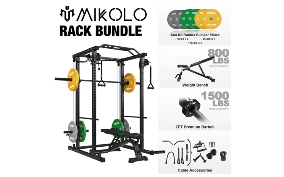 Mikolo Power Rack Cage With Dual Pulley System 800lbs Adjustable Weight Bench 1500lbs Barbell Bar And 140lbs Weight Plat