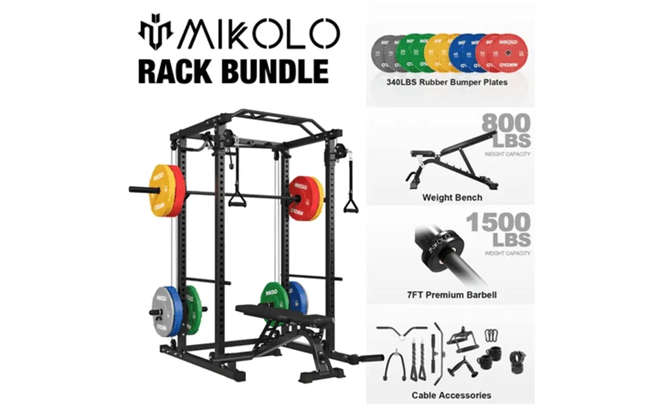 Mikolo Power Rack Cage With Dual Pulley System 800lbs Adjustable Weight Bench 1500lbs Barbell Bar And 340lbs Weight Plat