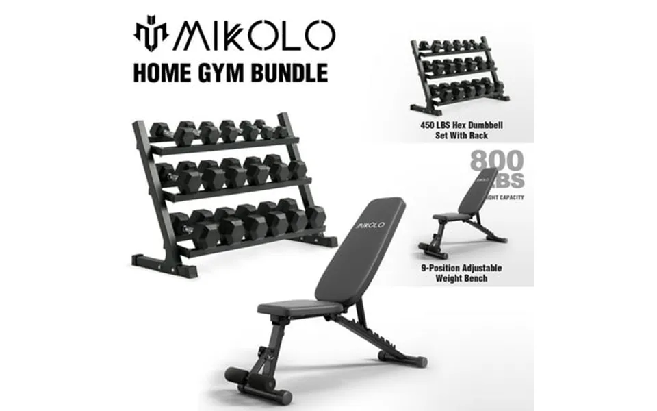 Mikolo Rubber Hex Dumbbell Set With Racks And 9 Postion Adjustable Weighted Bench Options In 450lbs Strength Training We