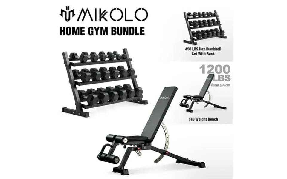 Mikolo Rubber Hex Dumbbell Set With Racks And Fid Weighted Bench Options In 450lbs Strength Training Weight Set Home Gym