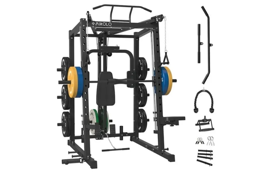 Mikolo Smith Machine 2000lbs Power Cage Squat Rack With Smith Bar Chest Fly Machine With Two Lat Pull-down Systems Cable