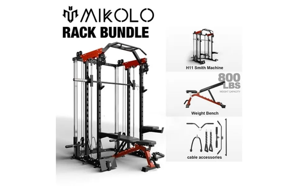 Mikolo Smith Machine 2000lbs Power Cage Squat Rack With Smith Bar Two Lat Pull-down Systems Cable Crossover Machine And