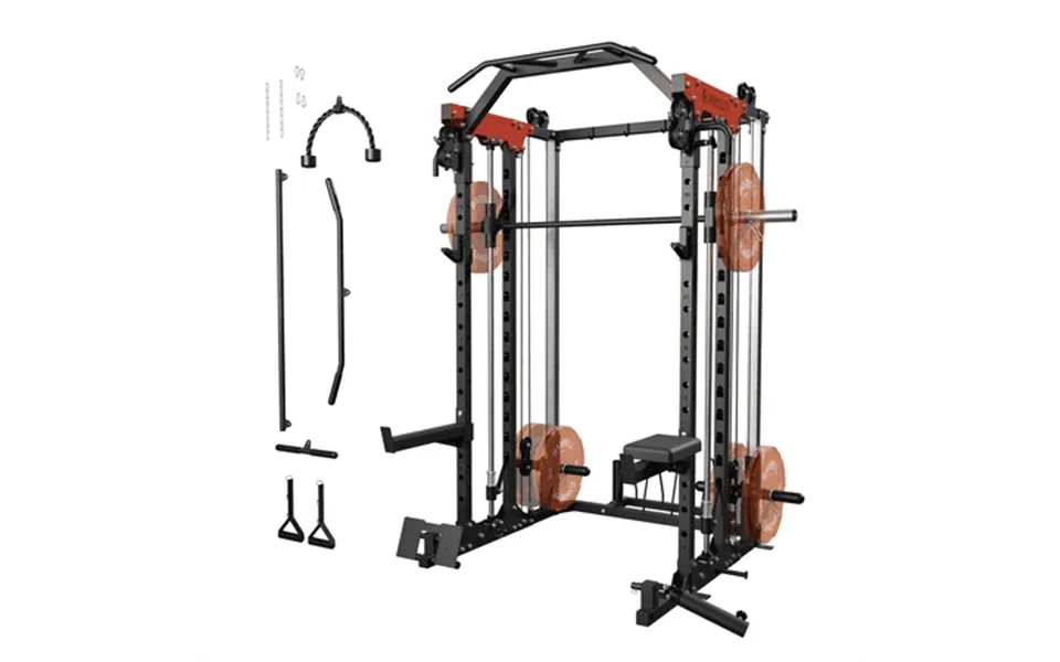 Mikolo Smith Machine 2000lbs Power Cage Squat Rack With Smith Bar Two Lat Pull-down Systems Cable Crossover Machine And