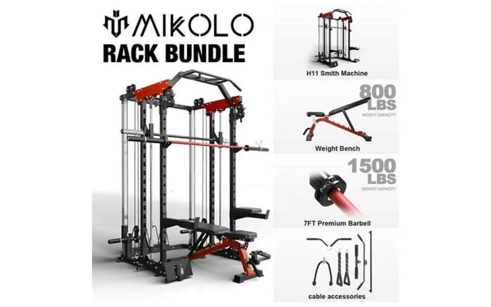 Mikolo Smith Machine 2000lbs Power Cage Squat Rack With Smith Bar Two Lat Pull-down Systems Cable Crossover Machine And