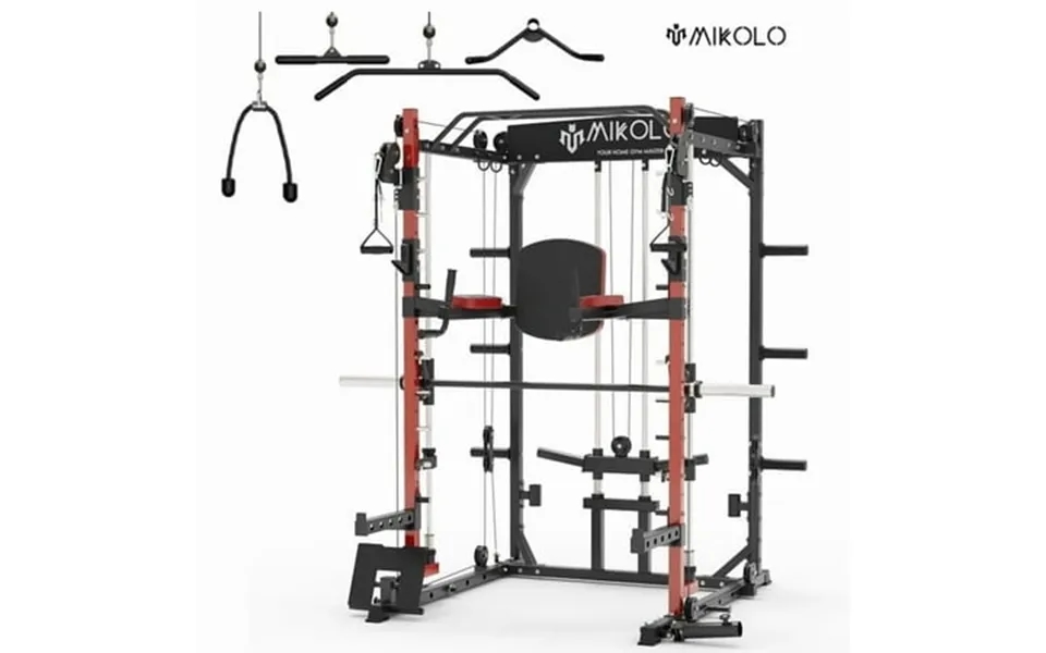 Mikolo Smith Machine 2000lbs Squat Rack With 1200 Lb Capacity Red Training Equipment With Lat-pull Down System & Cable C
