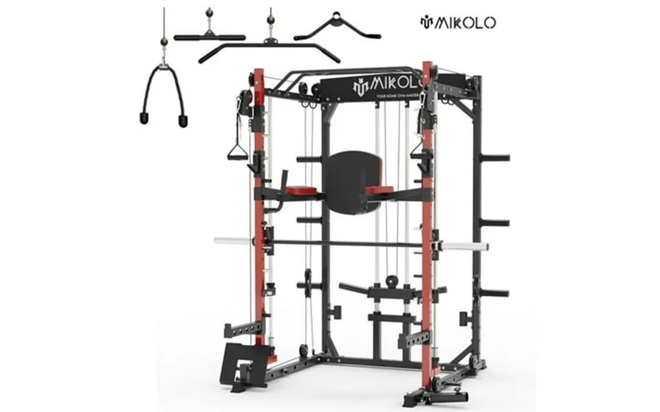 Mikolo Smith Machine 2000lbs Squat Rack With 800 Lb Capacity Red Training Equipment With Lat-pull Down System & Cable Cr