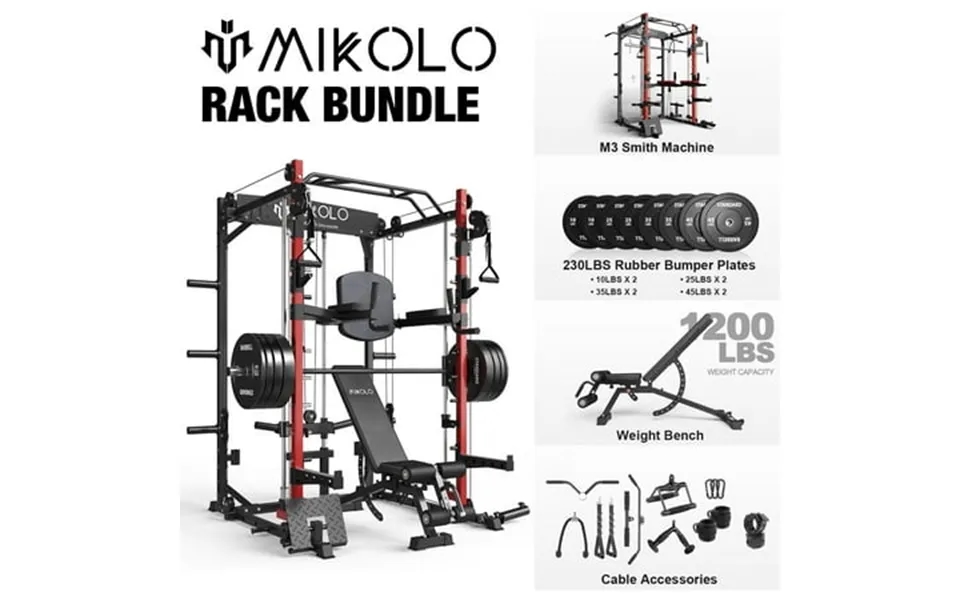 Mikolo Smith Machine Home Gym 2000 Lbs Power Rack Cage With Cable Crossover Smith Cage With 1200lb Capacity Adjustable W