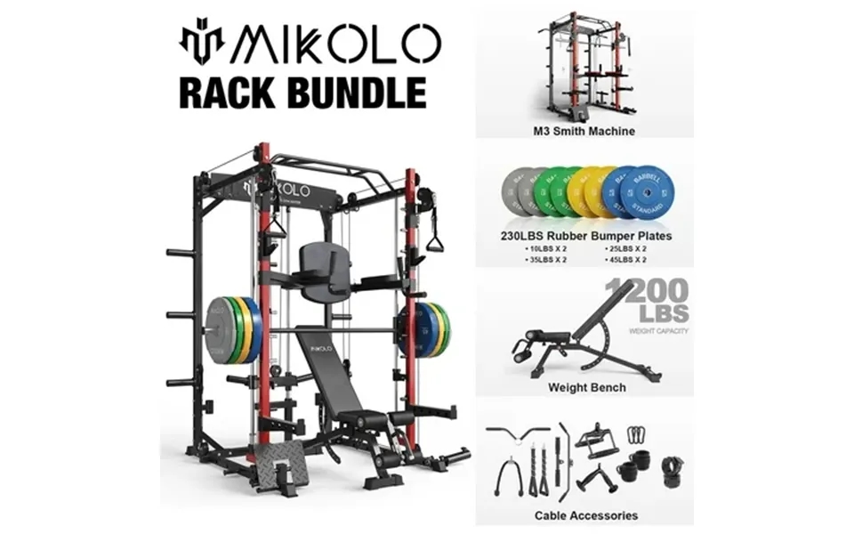 Mikolo Smith Machine Home Gym 2000 Lbs Power Rack Cage With Cable Crossover Smith Cage With 1200lb Capacity Adjustable W
