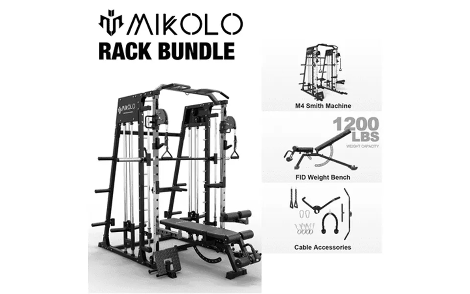 Mikolo Smith Machine Home Gym 2200 Lbs Power Rack Cage With 1200 Lbs Weight Bench And Cable Crossover System Weight Bar