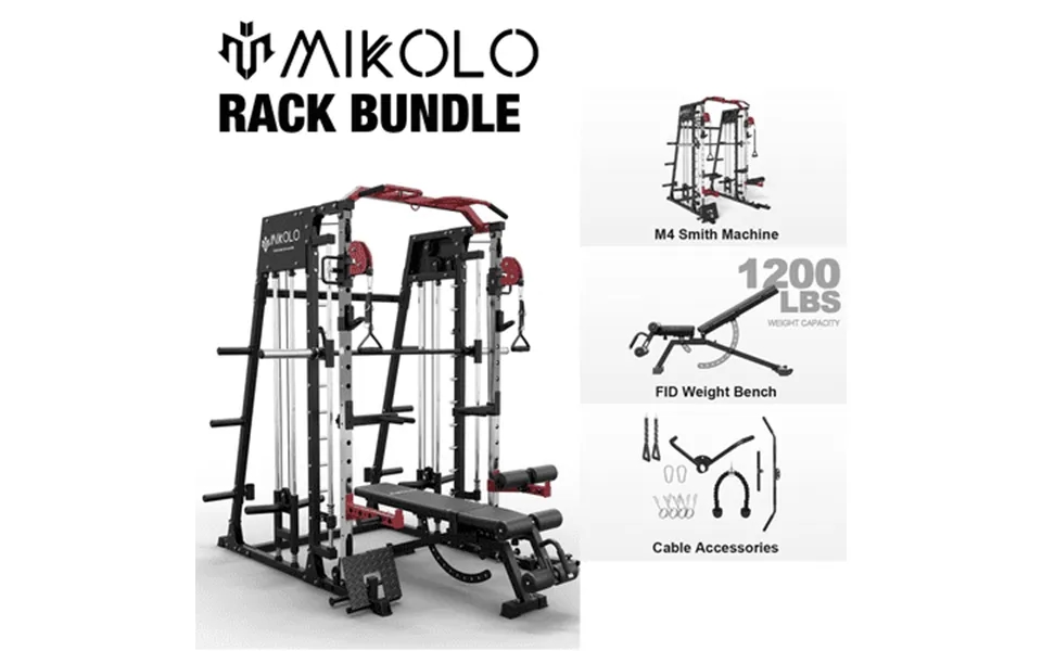 Mikolo Smith Machine Home Gym 2200 Lbs Power Rack Cage With 1200 Lbs Weight Bench And Cable Crossover System Weight Bar