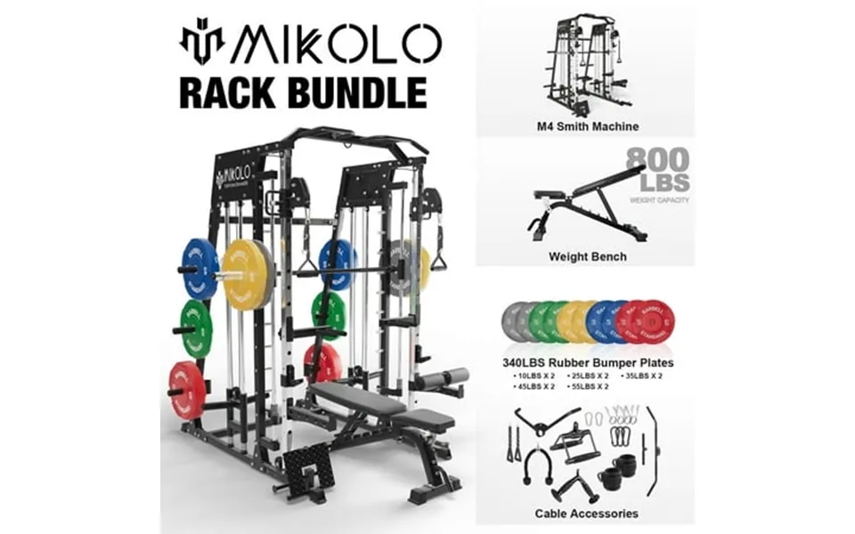 Mikolo Smith Machine Home Gym 2200 Lbs Power Rack Cage With Cable Crossover Power Rack With 800lb Capacity Adjustable We