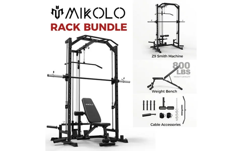 Mikolo Smith Machine Home Gym Multi-functional Squat Rack With Lat Pull Down System Workout Station With Weight Bar Bend