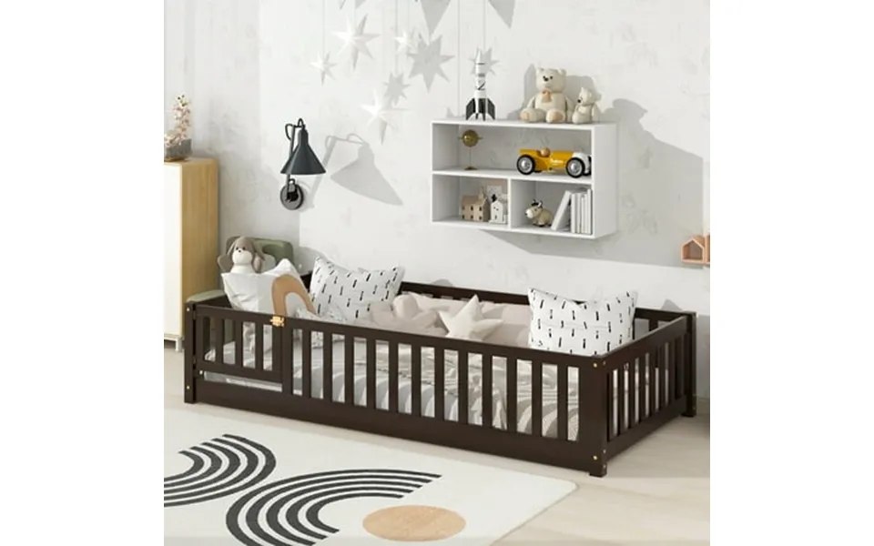 Miniyam Twin Size Toddler Floor Bed With Fence Espresso