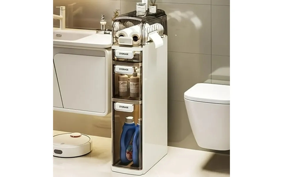 Mitofox 5-tiers Narrow Bathroom Floor Storage Cabinet 7.1 Plastic Drawers Organizer With Tissue Box And Wheels Slim Wate