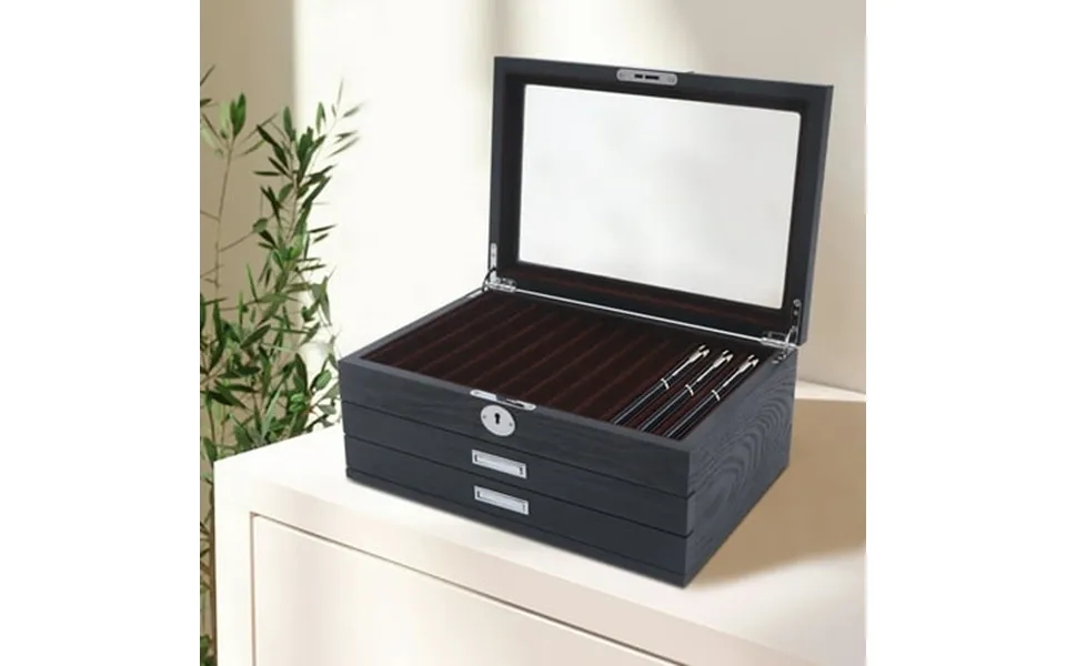 Miumaeov Wood Pen Display Box 34-slot 3-layer Pen Collector Organizer Box With Velvet Clear Window And Anti-theft Lock F