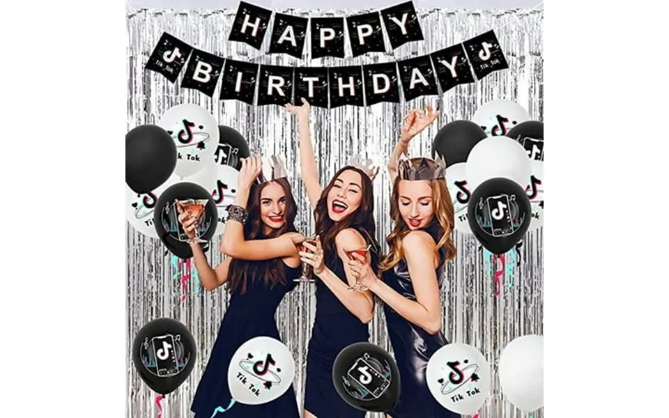 Mmtx Tiktok Theme Birthday Party Balloon Decorations With Music Tiktok Table Cloth Metallic Tinsel Curtains Black White