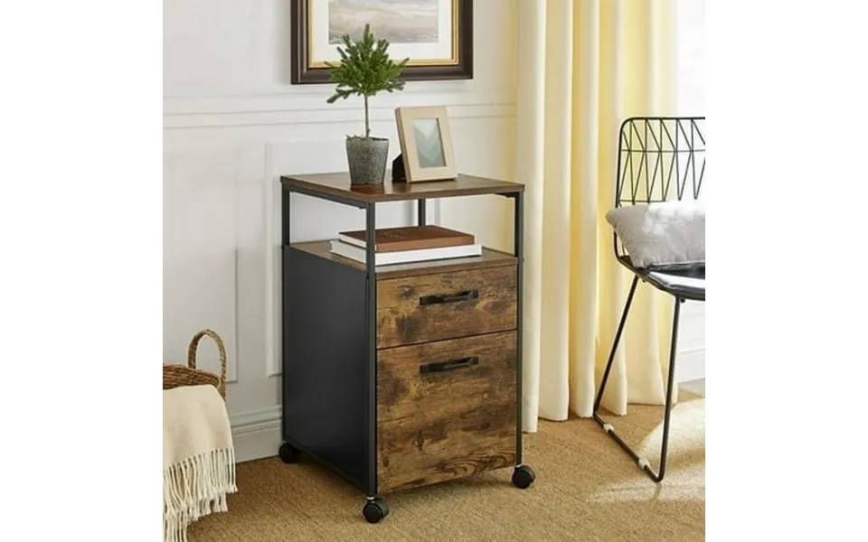 Mobile File Cabinet W Wheels And Drawers Open Shelf For A4 Letter Size Home Office Rustic Brown And Black