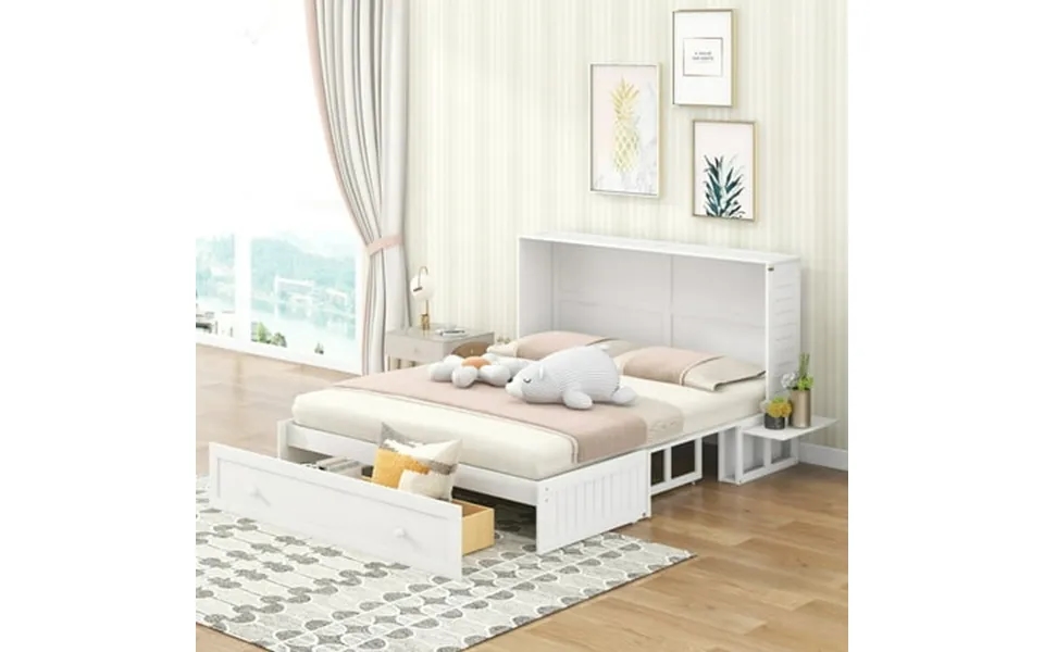 Mobile Murphy Bed With Side 2 Little Shelves Queen Size Wood Platform Bed Frame With Storage Shelf Headboard And Drawer