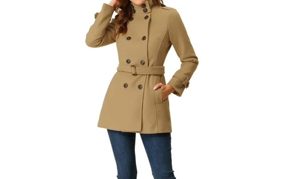 Moda Nova Juniors Stand Collar Double Breasted Mid Length Winter Trenchcoat Khaki Xl