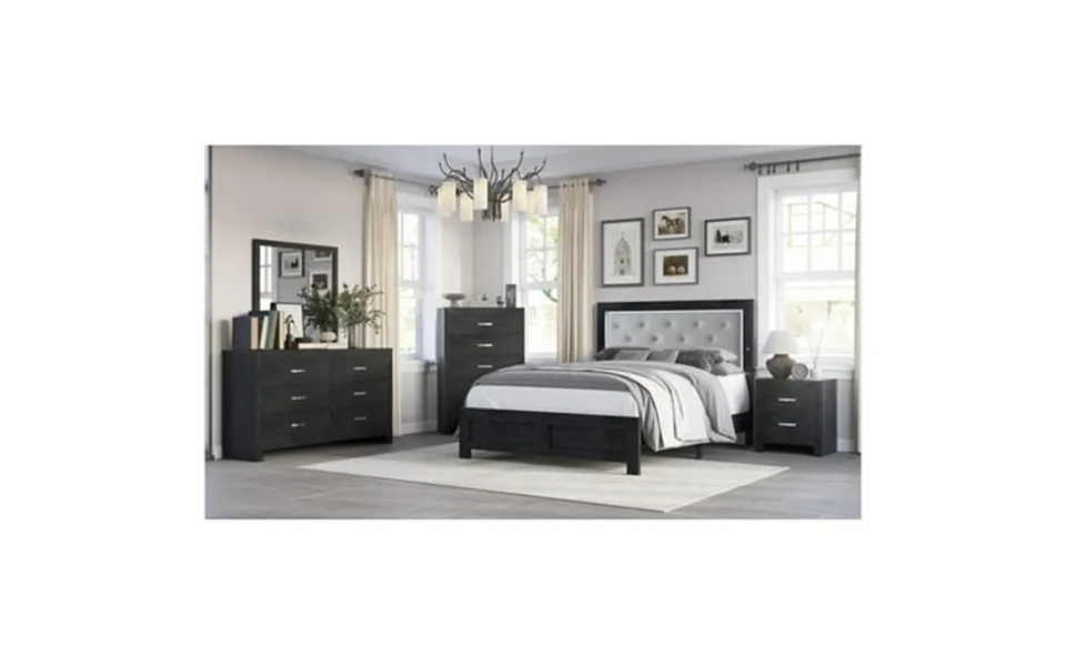 Modern 5pc Queen Size Pu Upholstered Led Headboard Bed Dresser Mirror Nightstands Wooden Bedroom Furniture Set Black Fin
