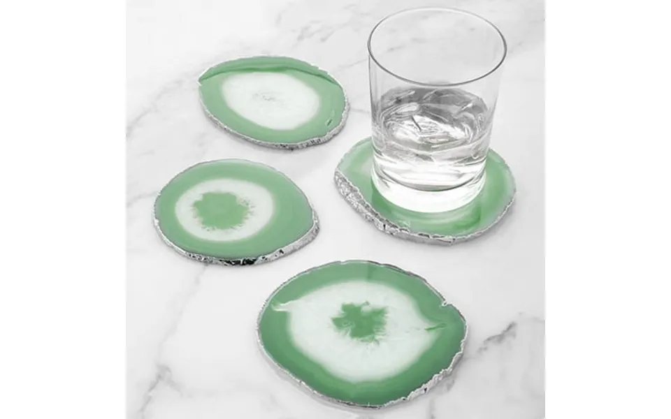 Modern Home Set Of 4 Natural Agate Stone Coasters - Green W Silver Edge