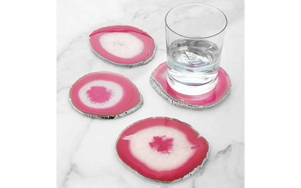 Modern Home Set Of 4 Natural Agate Stone Coasters - Pink W Silver Edge