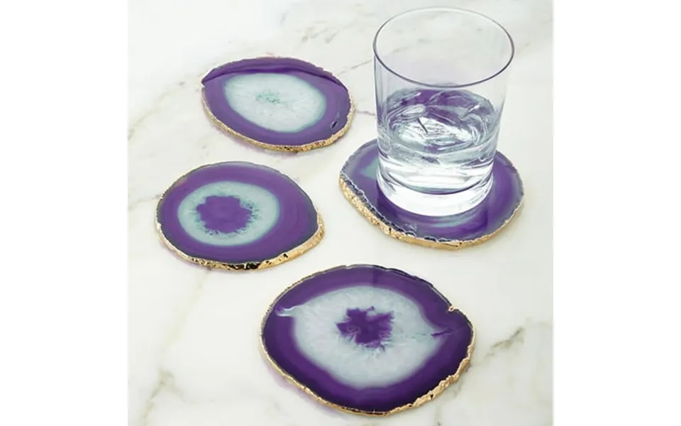 Modern Home Set Of 4 Natural Agate Stone Coasters - Purple W Gold Edge